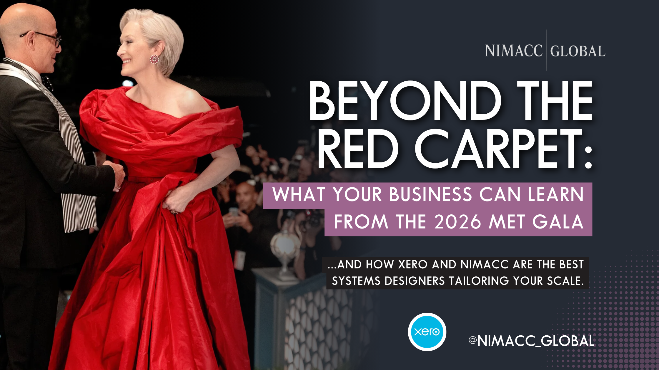 Meryl Streep on the Met Gala red carpet wearing a red dress