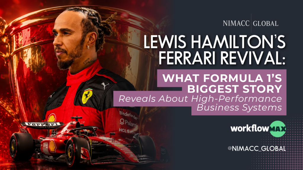 Lewis Hamilton in Ferrari racing suit with a large trophy behind him and a Ferrari Formula 1 car in the foreground on a red celebratory background .Lewis Hamilton Ferrari Victory with Trophy and F1 Car