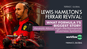 Lewis Hamilton in Ferrari racing suit with a large trophy behind him and a Ferrari Formula 1 car in the foreground on a red celebratory background .Lewis Hamilton Ferrari Victory with Trophy and F1 Car