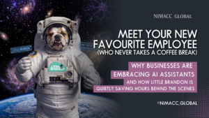 Little Brandon, Nimacc's smart Xero migration tool, illustrated as an astronaut in space with the headline "Meet Your New Favourite Employee Who Never Takes a Coffee Break."