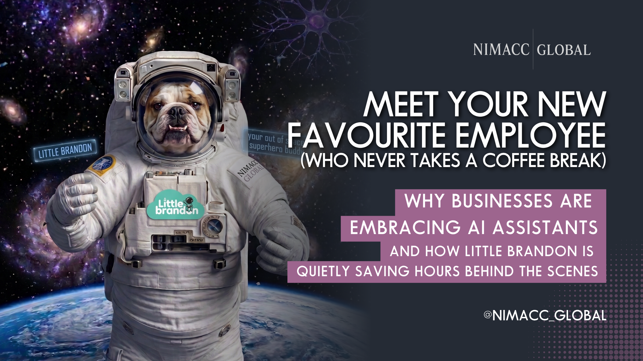 Little Brandon, Nimacc's smart Xero migration tool, illustrated as an astronaut in space with the headline "Meet Your New Favourite Employee Who Never Takes a Coffee Break."