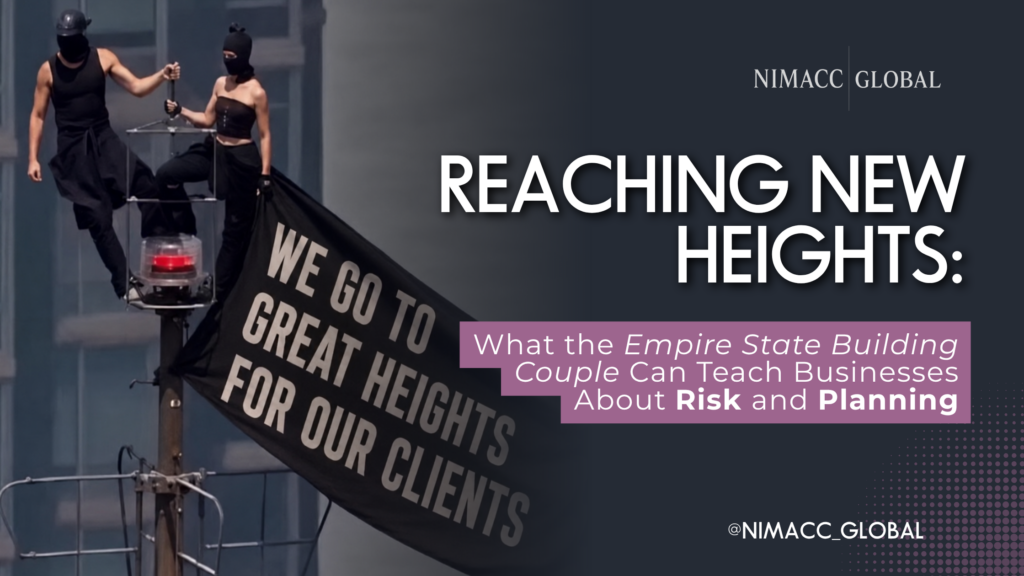 Illustration inspired by the Empire State Building couple with the message "We go to great heights for our clients," symbolising business commitment, risk management, and operational excellence.