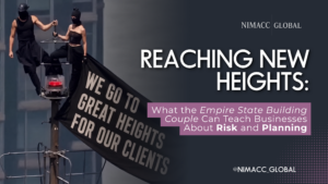 Illustration inspired by the Empire State Building couple with the message "We go to great heights for our clients," symbolising business commitment, risk management, and operational excellence.