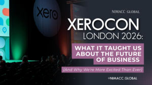 Audience seated inside Olympia London during XeroCon London 2026 conference, with the Xero logo displayed on stage. Branded NIMACC Global graphic promoting the blog titled "XeroCon London 2026: What It Taught Us About the Future of Business (And Why We're More Excited Than Ever).